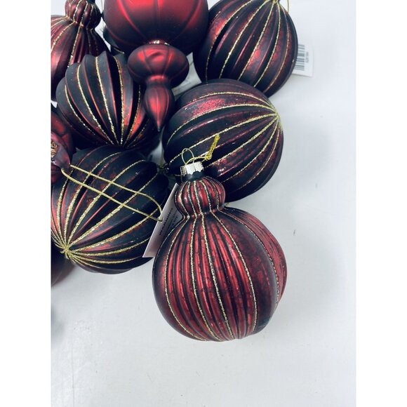 Lot Of 13 Burgundy Red & Gold Glitter Finial And Round Christmas Tree Ornaments - Picture 3 of 16